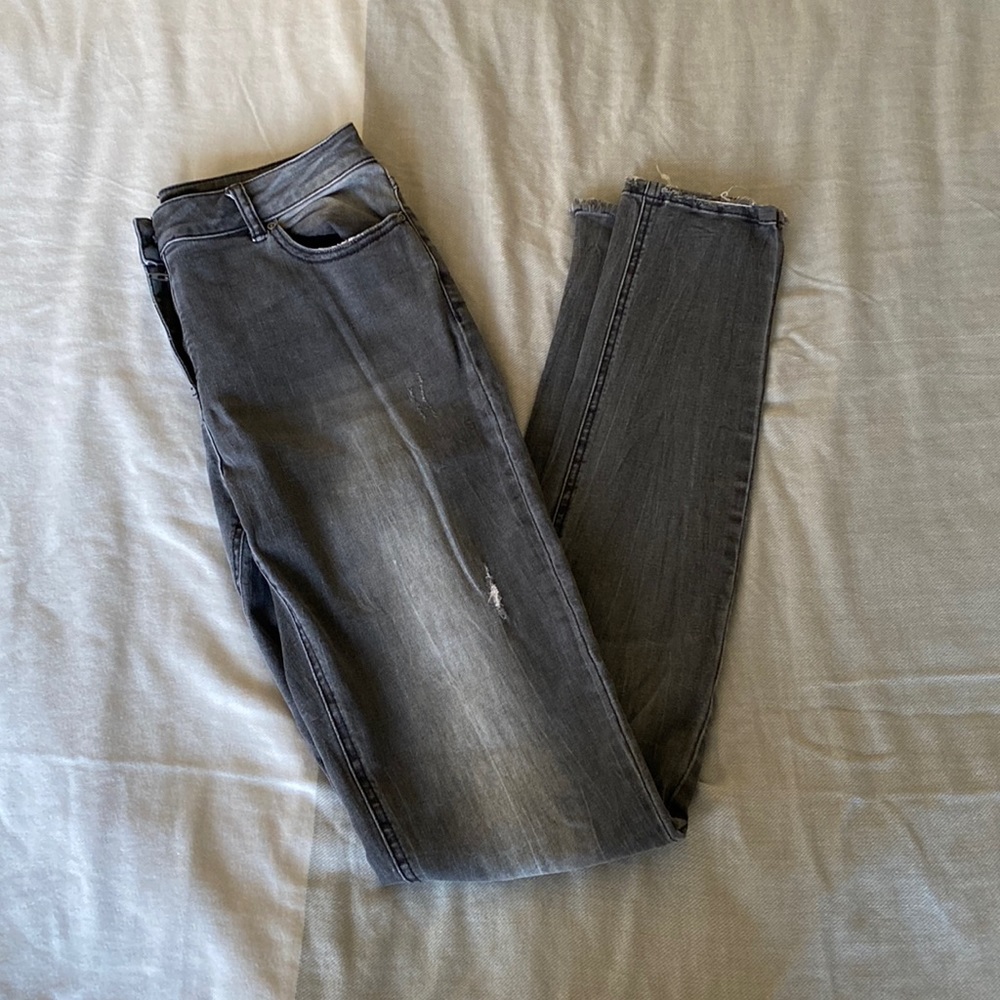 36” Inseam Distressed Grey Jeans
